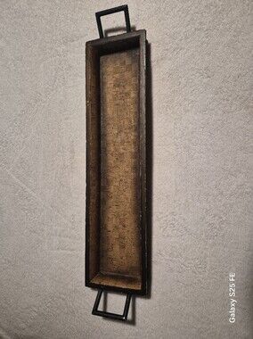 Long Rustic Wooden Tray With Black Metal Handles